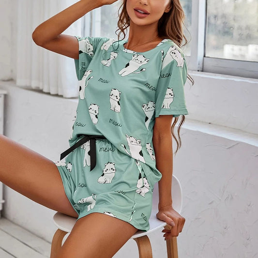 Women’s Pajama Set — Cartoon Print Short Sleeve