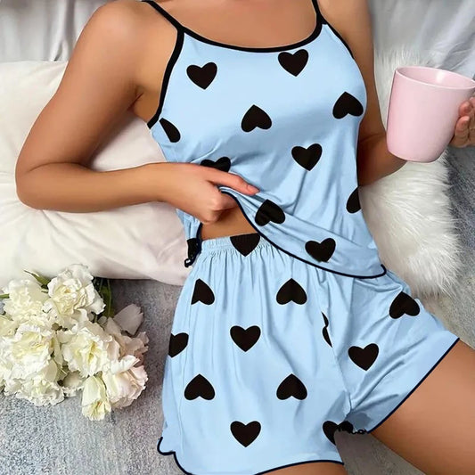 Women’s Pajama Set — Pink Heart Print Ice Silk