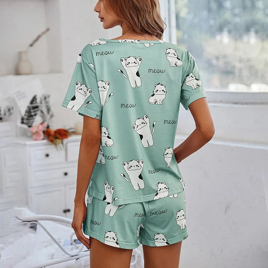 Women’s Pajama Set — Cartoon Print Short Sleeve
