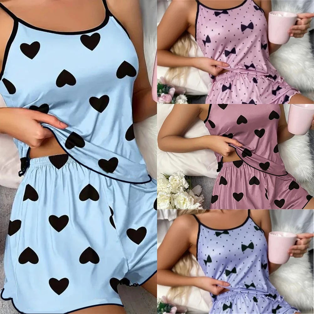 Women’s Pajama Set — Pink Heart Print Ice Silk