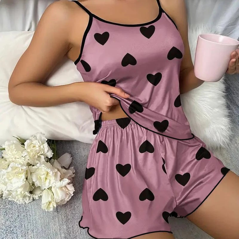 Women’s Pajama Set — Pink Heart Print Ice Silk
