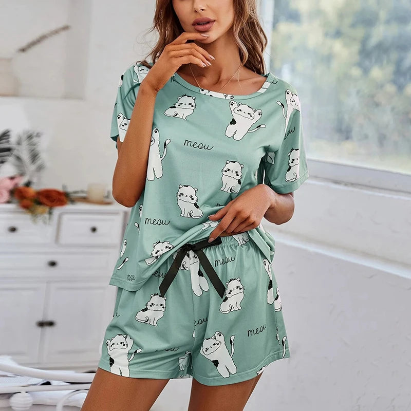 Women’s Pajama Set — Cartoon Print Short Sleeve
