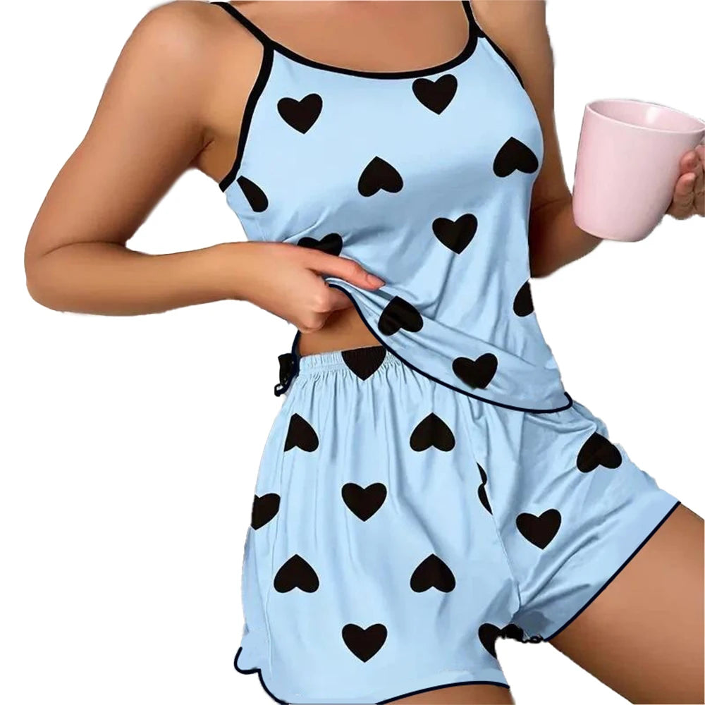Women’s Pajama Set — Pink Heart Print Ice Silk